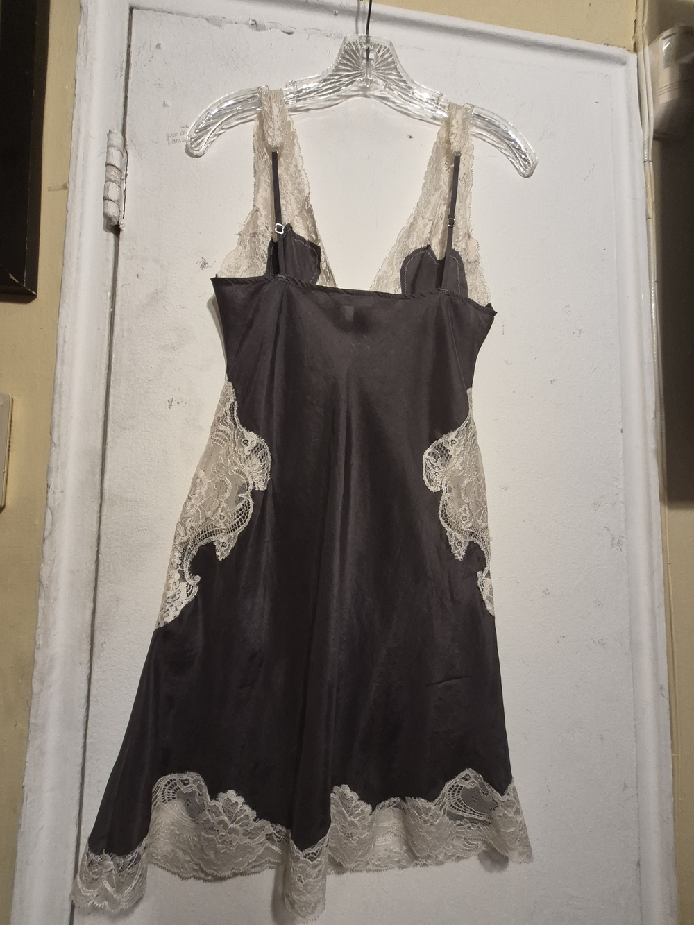 Victoria's Secret Charcoal Satin Slip with Ivory Lace Insets Size S